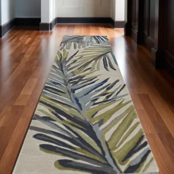 10' Ivory Blue Hand Tufted Tropical Palms Indoor Runner Rug