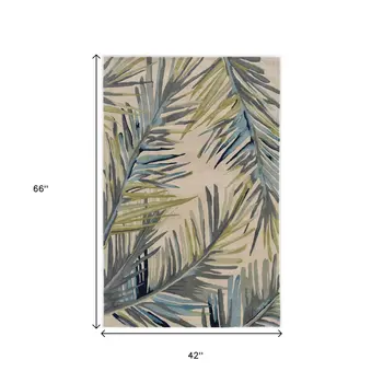 4' X 6' Ivory Blue And Green Wool Tropical Botanical Hand Tufted Area Rug
