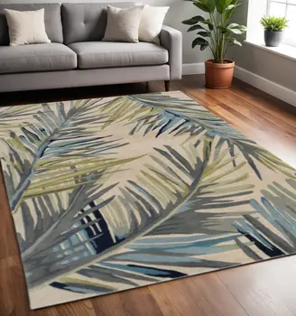 4' X 6' Ivory Blue And Green Wool Tropical Botanical Hand Tufted Area Rug