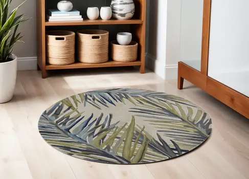 5' Ivory Green and Blue Wool Tropical Botanical Hand Tufted Round Rug