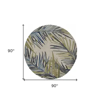 8' Ivory Blue And Green Wool Tropical Botanical Hand Tufted Round Rug