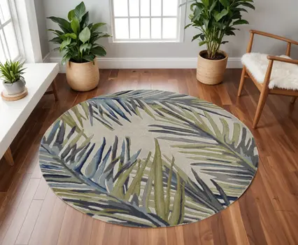 8' Ivory Blue And Green Wool Tropical Botanical Hand Tufted Round Rug