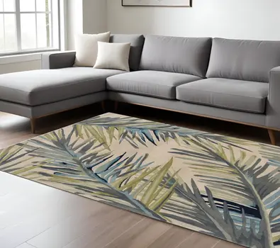 8' X 10' Ivory Blue And Green Wool Tropical Botanical Hand Tufted Area Rug