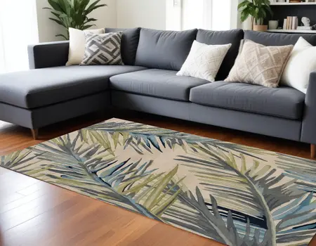 9' X 12' Ivory Blue And Green Wool Tropical Botanical Hand Tufted Area Rug