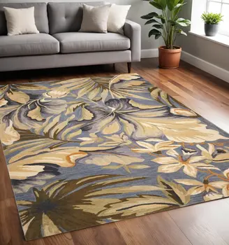 5' X 8' Blue Beige And Green Wool Tropical Botanical Hand Tufted Area Rug