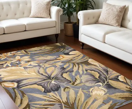 8' X 10' Blue And Green Wool Tropical Botanical Hand Tufted Area Rug