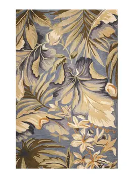 8' X 10' Blue Beige And Green Wool Tropical Botanical Hand Tufted Area Rug