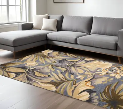 8' X 10' Blue Beige And Green Wool Tropical Botanical Hand Tufted Area Rug