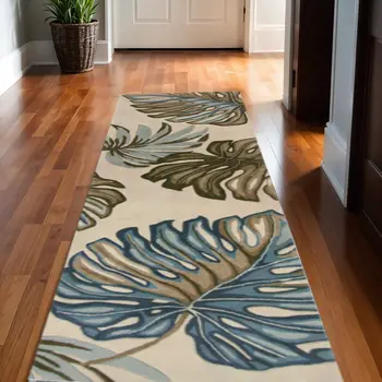 10' Ivory Hand Tufted Tropical Monstera Indoor Runner Rug