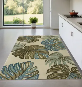 4' X 6' Ivory Blue And Green Wool Tropical Botanical Hand Tufted Area Rug
