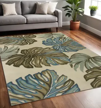 5' X 8' Brown Blue And Green Wool Tropical Botanical Hand Tufted Area Rug