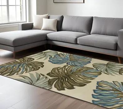 8' X 10' Brown Blue And Green Wool Tropical Botanical Hand Tufted Area Rug