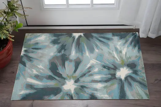 3' X 5' Teal Abstract Floral Area Rug