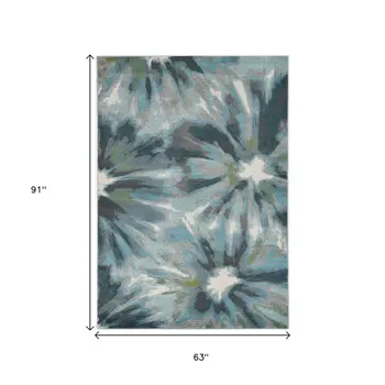 5' X 8' Teal Ivory And Gray Botanical Leaves Area Rug