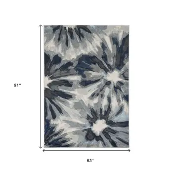 5' X 8' Ivory And Blue Botanical Leaves Area Rug