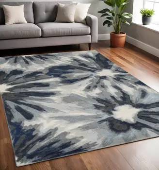 5' X 8' Ivory And Blue Botanical Leaves Area Rug