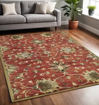 5' X 8' Rust Beige And Gray Wool Floral Hand Tufted Area Rug