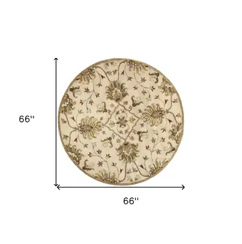 5' Round Champagne Floral Vine Wool Indoor Area Rug