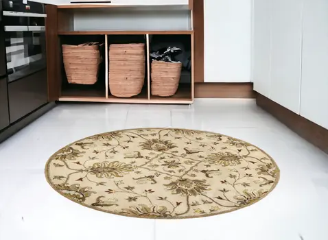 5' Round Champagne Floral Vine Wool Indoor Area Rug