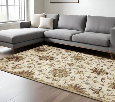 5' X 8' Champagne Red And Black New Zealand Lambs Wool Floral Hand Tufted Area Rug