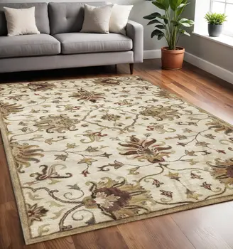 5' X 8' Champagne Red And Brown New Zealand Lambs Wool Floral Medallion Hand Tufted Area Rug