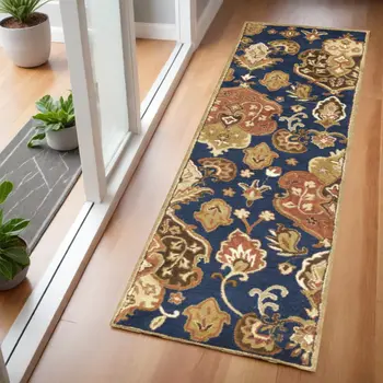 2' X 7' Navy Floral Tapestry Wool Runner Rug