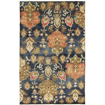 3' X 5' Navy Blue And Orange New Zealand Lambs Wool Floral Hand Tufted Area Rug
