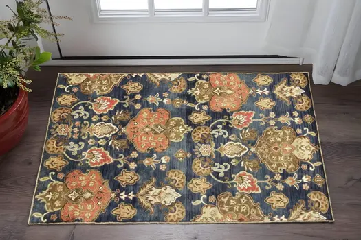 3' X 5' Navy Blue And Orange New Zealand Lambs Wool Floral Hand Tufted Area Rug