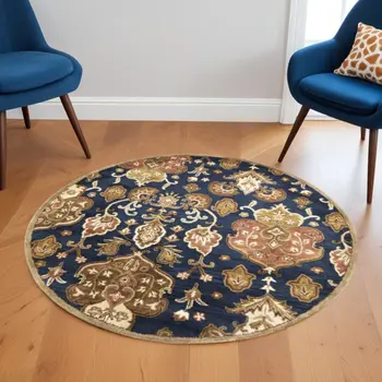 6' Navy Blue Round Wool Medallion Hand Tufted Area Rug