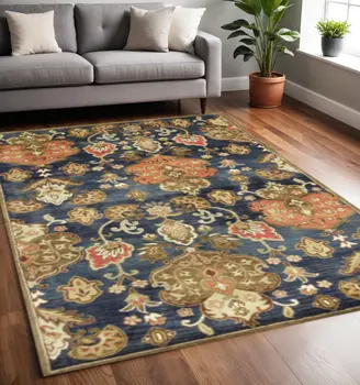 5' X 8' Gray Orange And Red Wool Floral Hand Tufted Area Rug