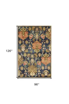 8' X 11' Navy Blue And Orange New Zealand Lambs Wool Floral Hand Tufted Area Rug