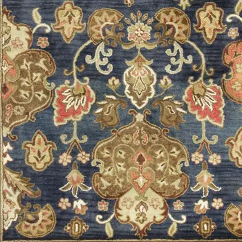 8' X 11' Navy Blue And Orange New Zealand Lambs Wool Floral Hand Tufted Area Rug