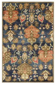 8' X 11' Navy Blue And Orange New Zealand Lambs Wool Floral Hand Tufted Area Rug