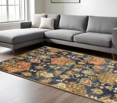 8' X 11' Navy Blue And Orange New Zealand Lambs Wool Floral Hand Tufted Area Rug