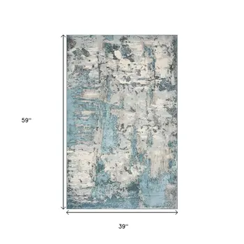 3' X 5' Ivory And Teal Abstract Area Rug