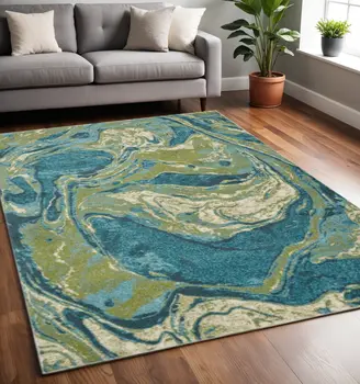 5' X 7' Teal And Beige Abstract Area Rug