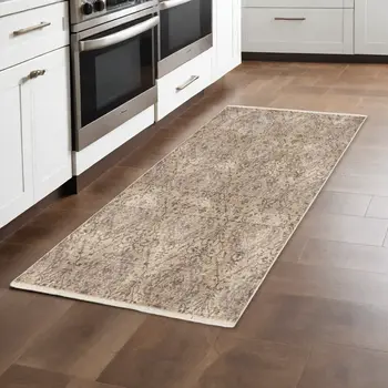 8' Sand And Charcoal Abstract Distressed Runner Rug