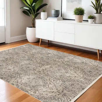 4' X 6' Sand And Charcoal Damask Area Rug