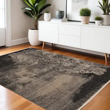4' X 6' Taupe And Black Damask Area Rug