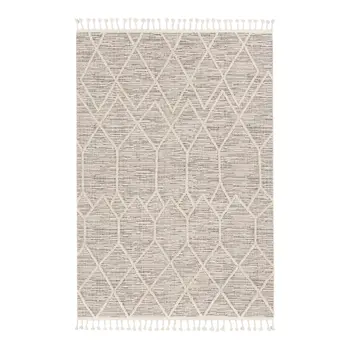8' X 11' Ivory And Gray Geometric Area Rug With Fringe