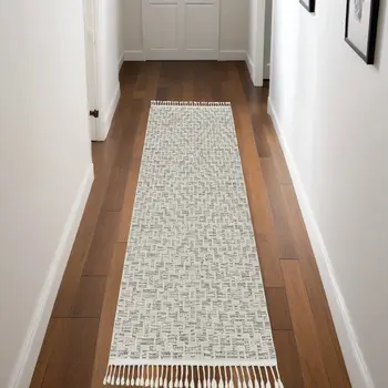 8' Ivory And Gray Geometric Runner Rug With Fringe