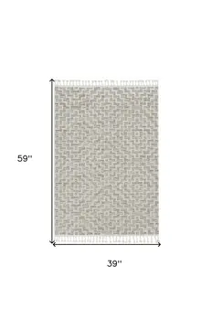3' X 5' Ivory Grey Zigzag Diamonds Area Rug With Fringe