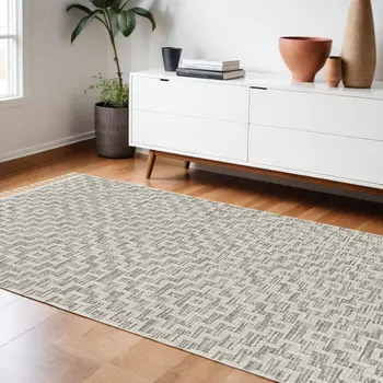 9' X 13' Gray And Ivory Geometric Area Rug With Fringe