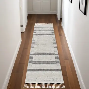 8' Gray And Ivory Abstract Runner Rug