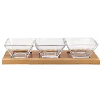 4 Mouth Blown Crystal Hostess Set   4 Pc With 3 Glass Condiment Or Dip Bowls On A Wood Tray