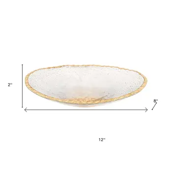 8" Clear And Gold Glass Scalloped Edge Oval Serving Bowl