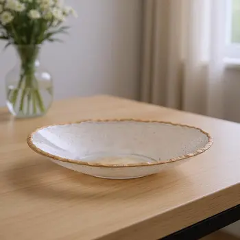 8" Clear And Gold Glass Scalloped Edge Oval Serving Bowl