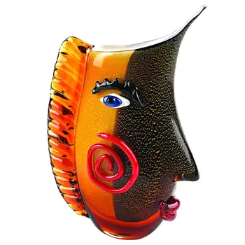 9" Black And Orange Contempo Face Murano Glass Table Vase