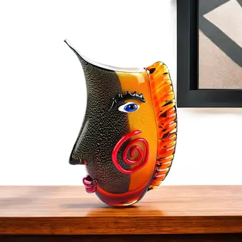 9" Black And Orange Contempo Face Murano Glass Table Vase