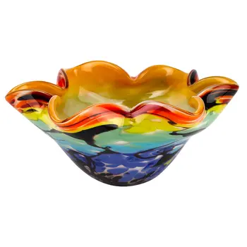 9" Rainbow Multi Art Glass Wavy Centerpiece Bowl